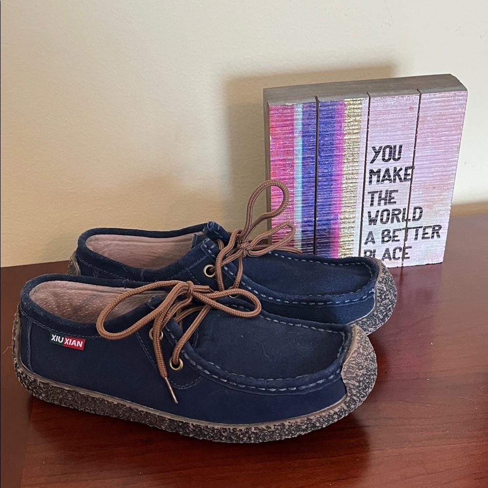 ‼️ Size 6, Xui Xian Navy Blue Suede Loafer, Rubber Sole, Moccasins, Boat Shoe